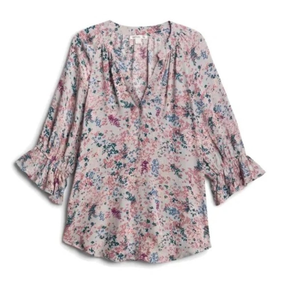JohnPaulRichard Women’s Liana Ruffle Sleeve Split Neck Top, Floral Size Medium